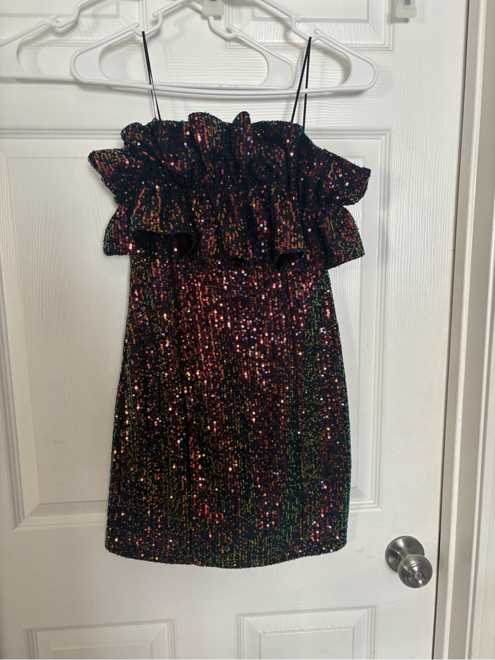 Girls Black Multicolor Sequin Ruffle Strap Dress